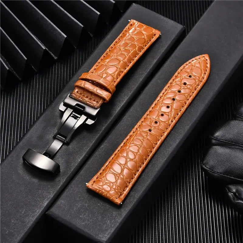 TicWatch Crocodile-Pattern Leather Clasp Band - Cognac / Black Clasp