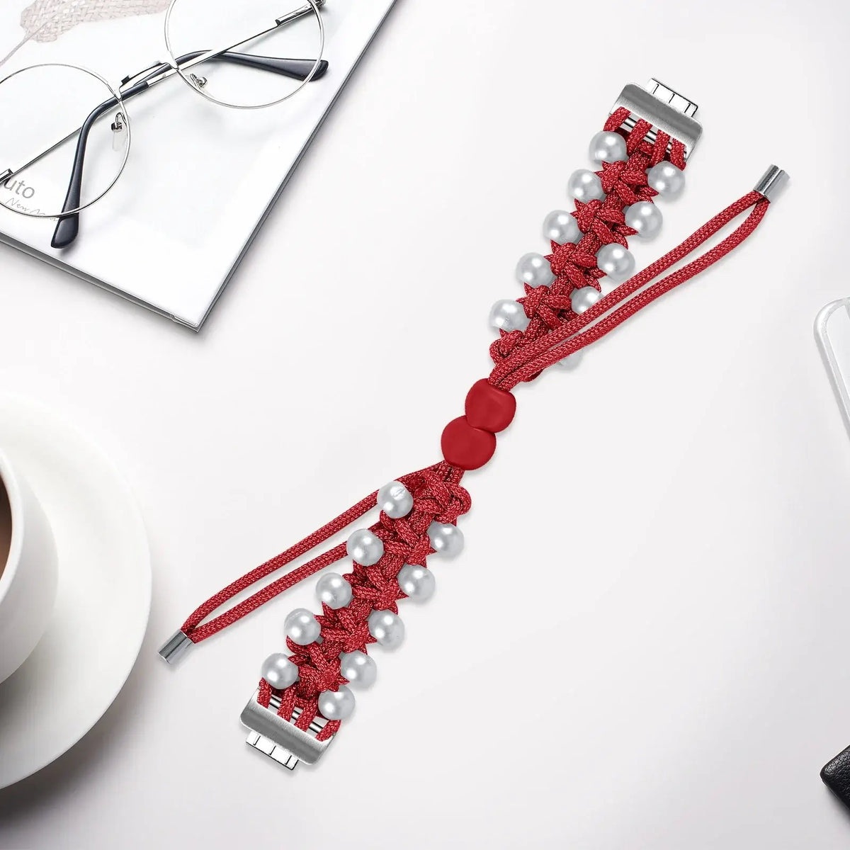 Fitbit Inspire Braided Cord & Pearl-Style Bead Band - Red strap laid flat