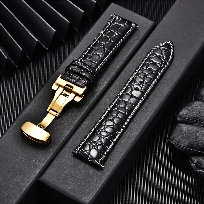 Suunto Crocodile-Pattern Leather Clasp Band - Black leather with gold clasp