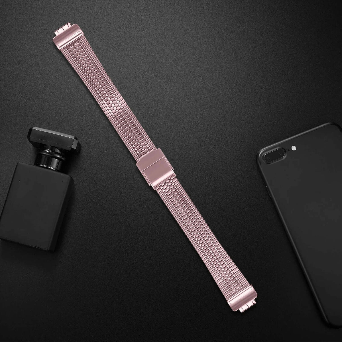 Fitbit Inspire 1/2/HR Fine-Link Steel Clasp Band - Rose pink bracelet laid flat