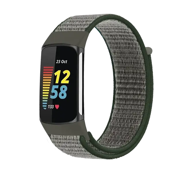 Fitbit Charge 5 & 6 Nylon Hook-and-Loop Band in Gray / Olive