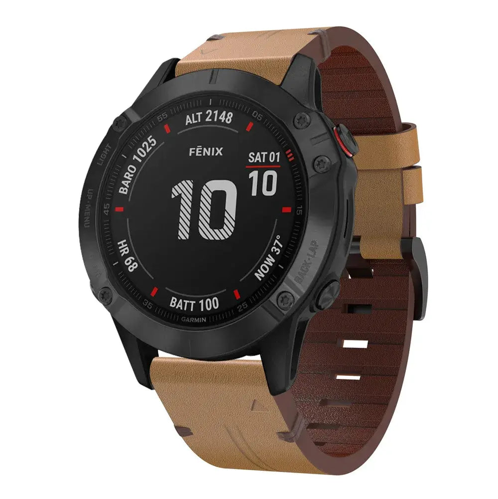 Garmin QuickFit Leather Band with Double Keepers in Tan shown on a watch