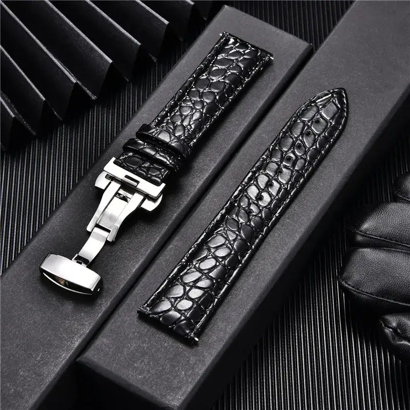 Samsung Galaxy Watch Crocodile-Pattern Leather Clasp Band in Black / Silver Clasp