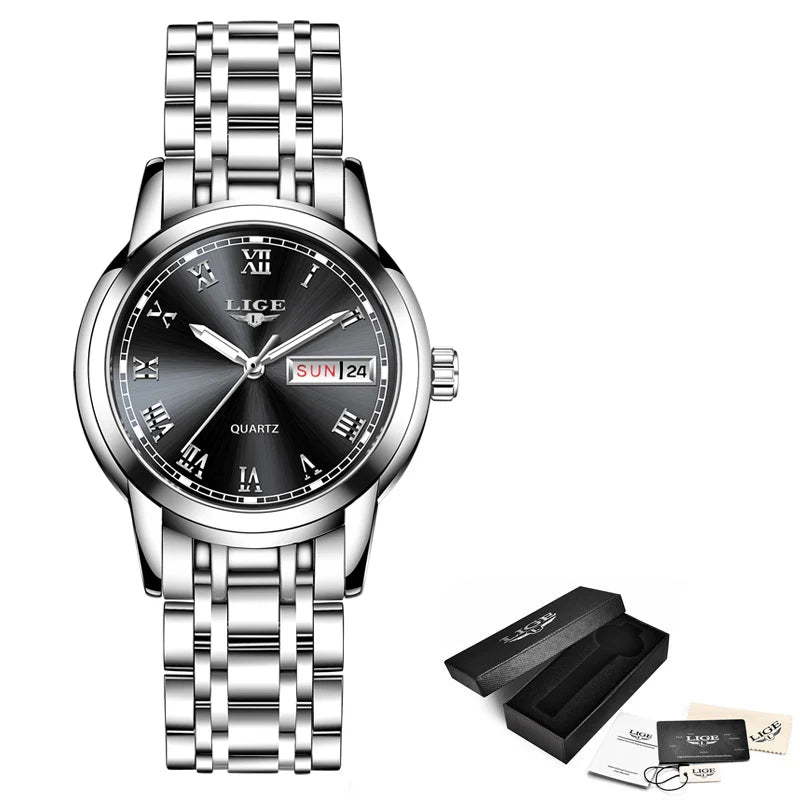 Women's Roman Numeral Day-Date Bracelet Watch — Silver Tone / Black Dial
