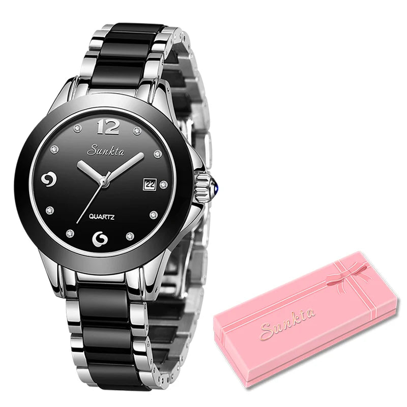 Women's Ceramic and Stainless Steel Date Watch — Silver Tone / Black