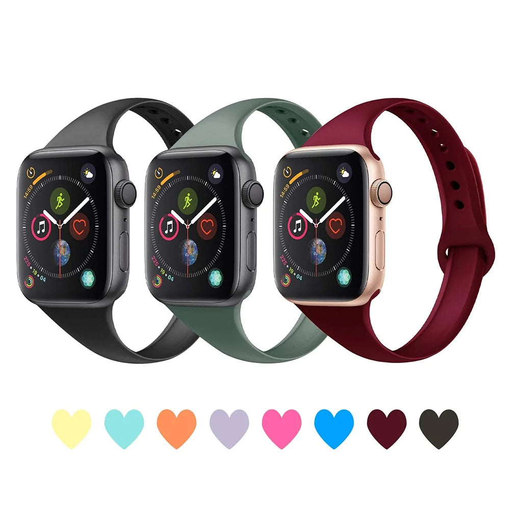 Black, green and burgundy tapered silicone Apple Watch bands with color preview hearts