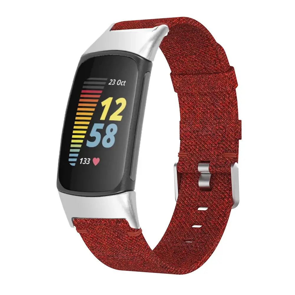 Fitbit Charge 5 & 6 Woven Nylon Buckle Band burgundy band shown on a tracker