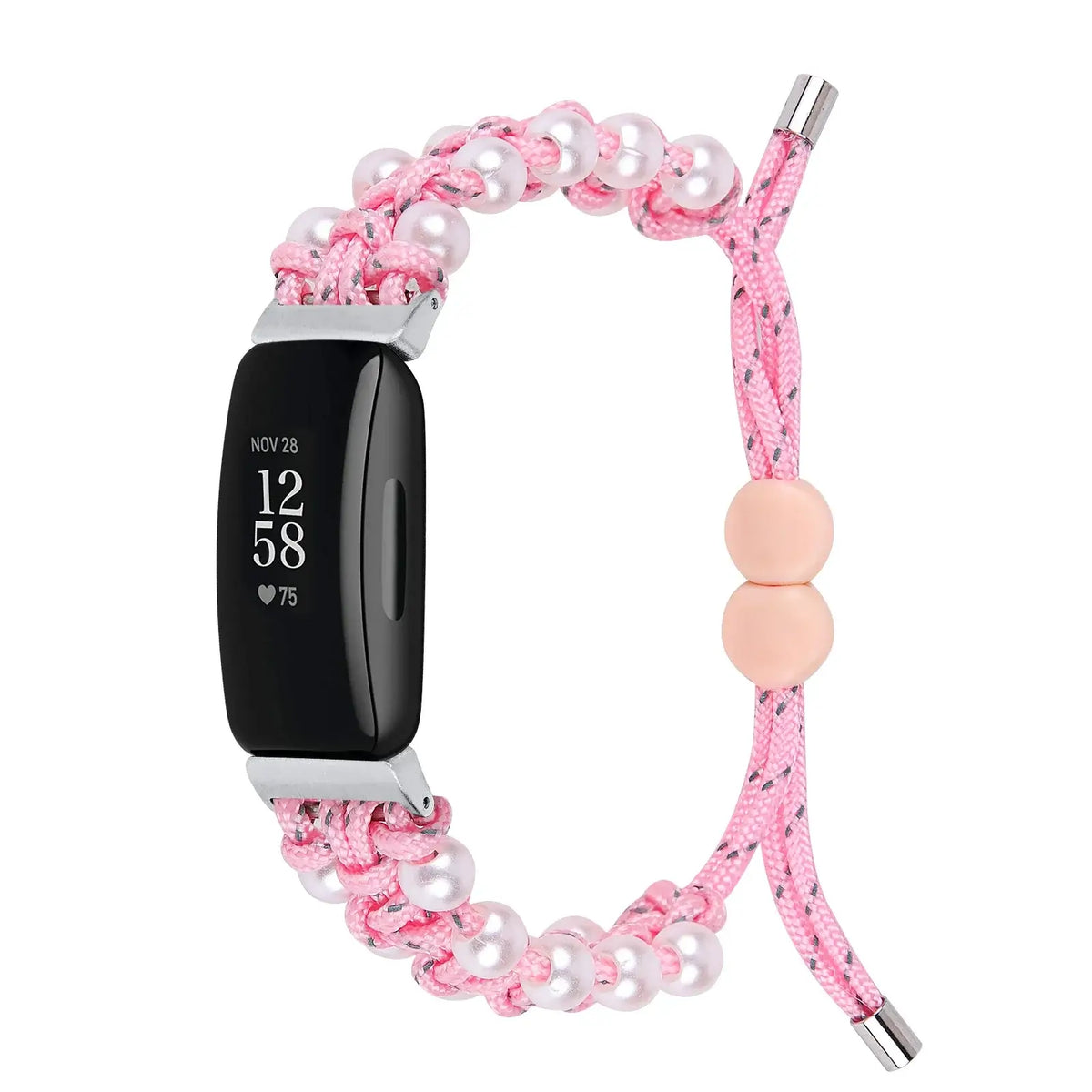 Fitbit Inspire Braided Cord & Pearl-Style Bead Band - Pink band front view