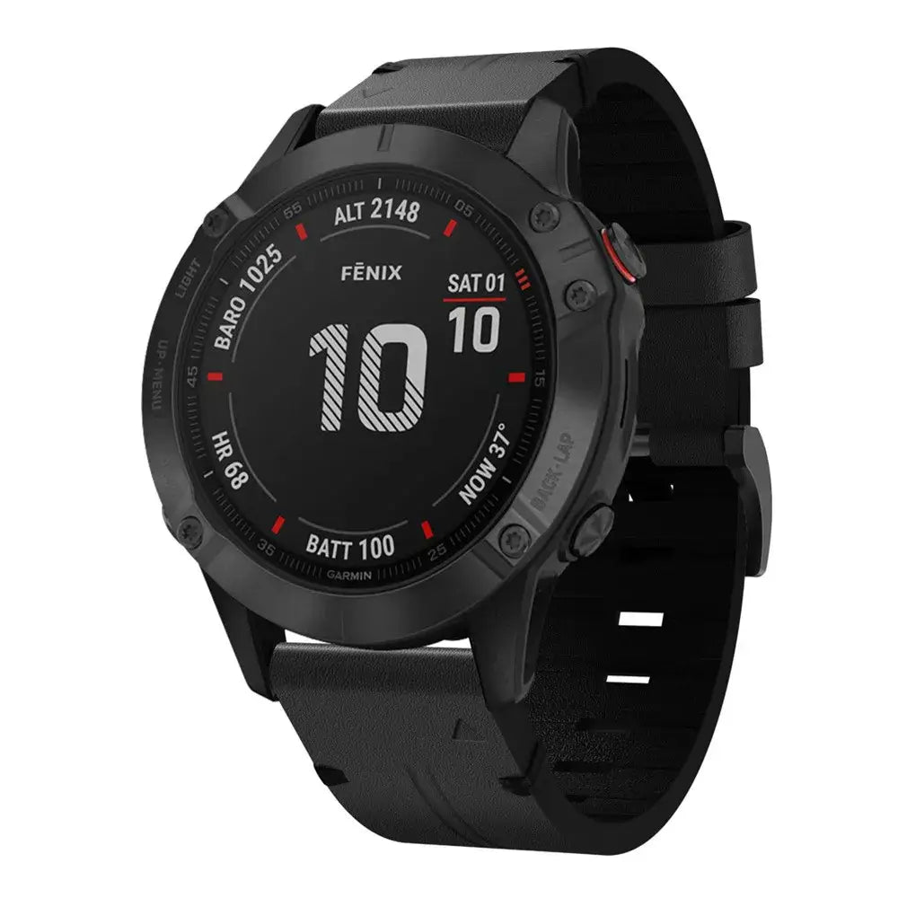 Garmin QuickFit Leather Band with Double Keepers in Black shown on a watch