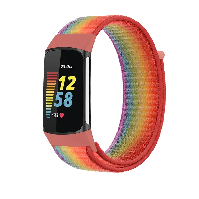 Fitbit Charge 5 & 6 Nylon Hook-and-Loop Band in Rainbow