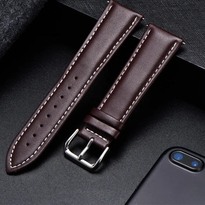 Motorola Moto Watch Band, Soft Calfskin Leather Strap, Steel Buckle on a dark surface