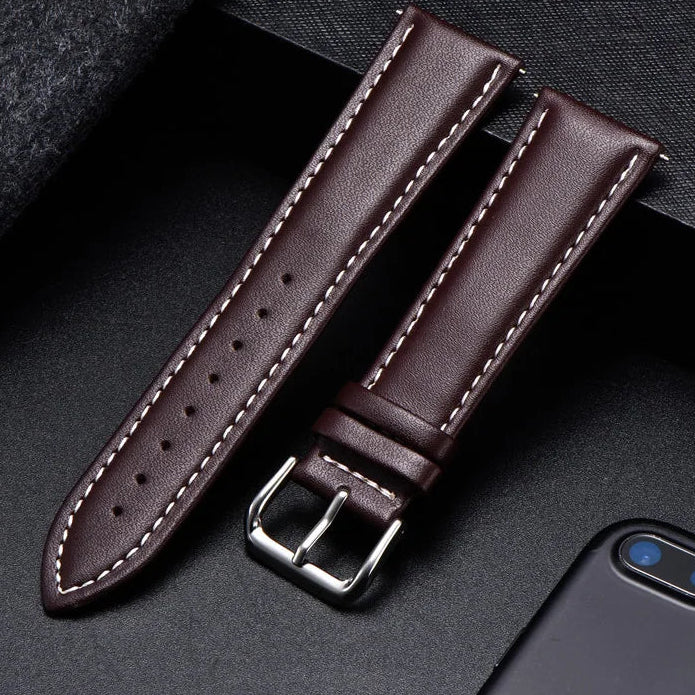 COROS Calfskin Leather Watch Band with Silver Buckle - Brown leather with contrasting stitches
