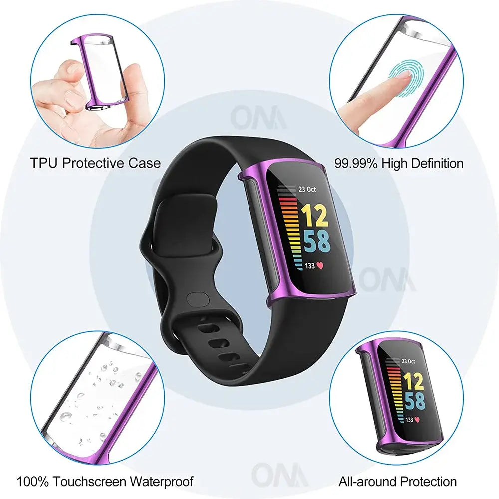 Stylish TPU protective case for Fitbit Charge 5-6, featuring high definition, touchscreen waterproof, and all-around protection.