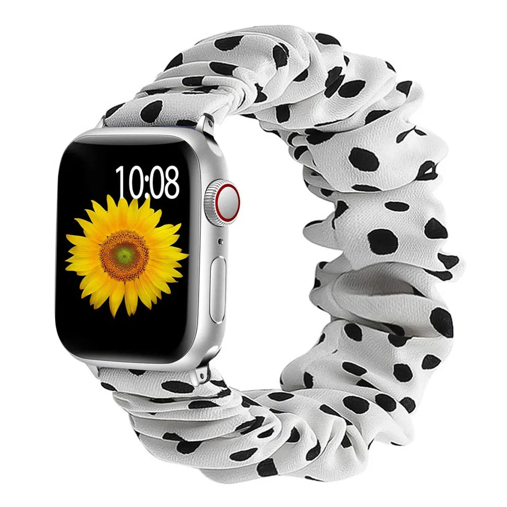 Elastic Scrunchie Apple Watch Band - Prints & Shimmer in Black Spots on White