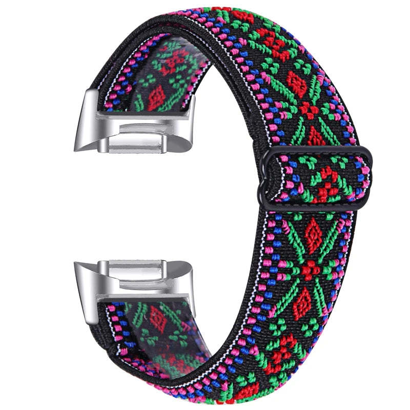 Fitbit Charge 5/6 Adjustable Stretch Nylon Band - Red / Green Geometric