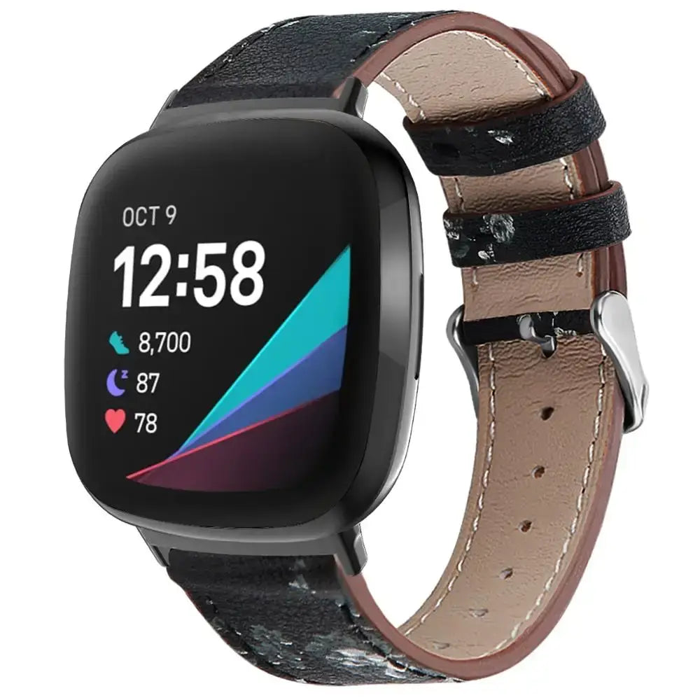 Fitbit Versa 3/4 & Sense 1/2 Classic Leather Strap - Black and white floral band