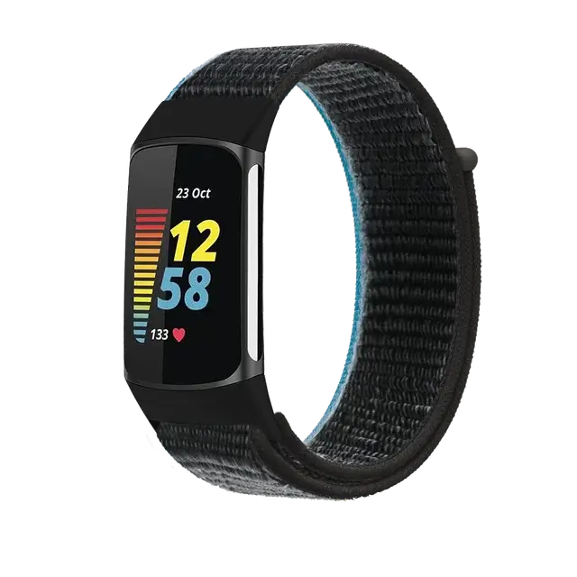 Fitbit Charge 5 & 6 Nylon Hook-and-Loop Band in Charcoal / Blue