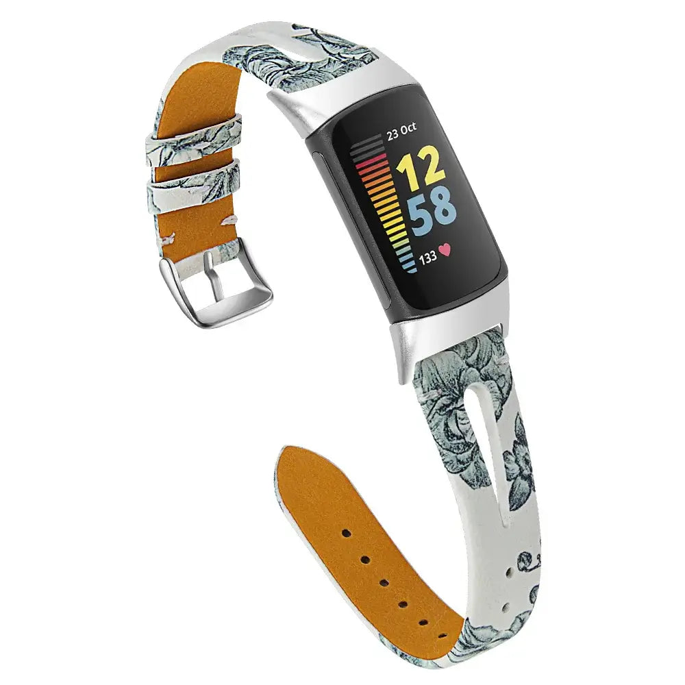 Fitbit Charge 5/6 Slim Cutout Leather Band - White / Green Floral