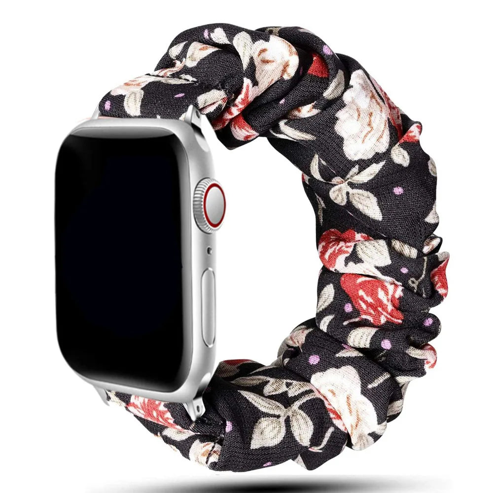 Elastic Scrunchie Apple Watch Band - Prints & Shimmer in Floral on Black