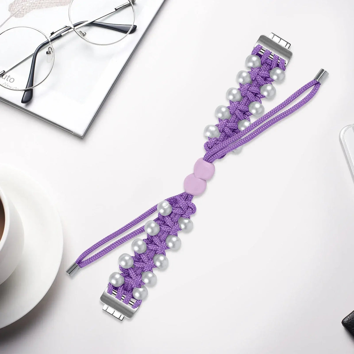 Fitbit Inspire Braided Cord & Pearl-Style Bead Band - Purple strap laid flat