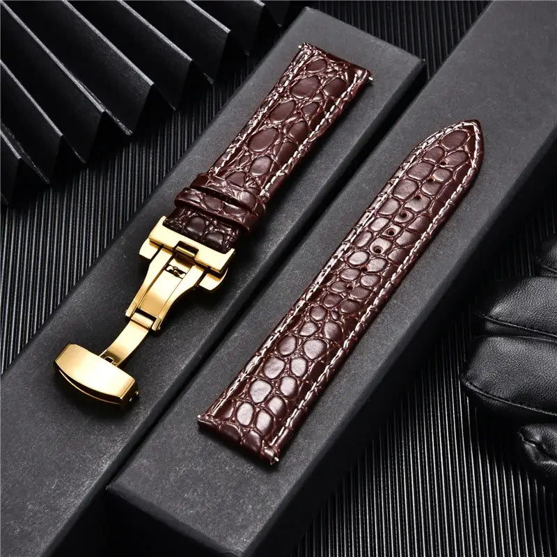 TicWatch Crocodile-Pattern Leather Clasp Band - Dark brown leather and gold clasp