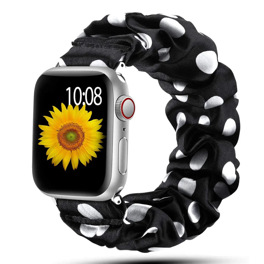 Elastic Scrunchie Apple Watch Band - Prints & Shimmer in White Dots on Black