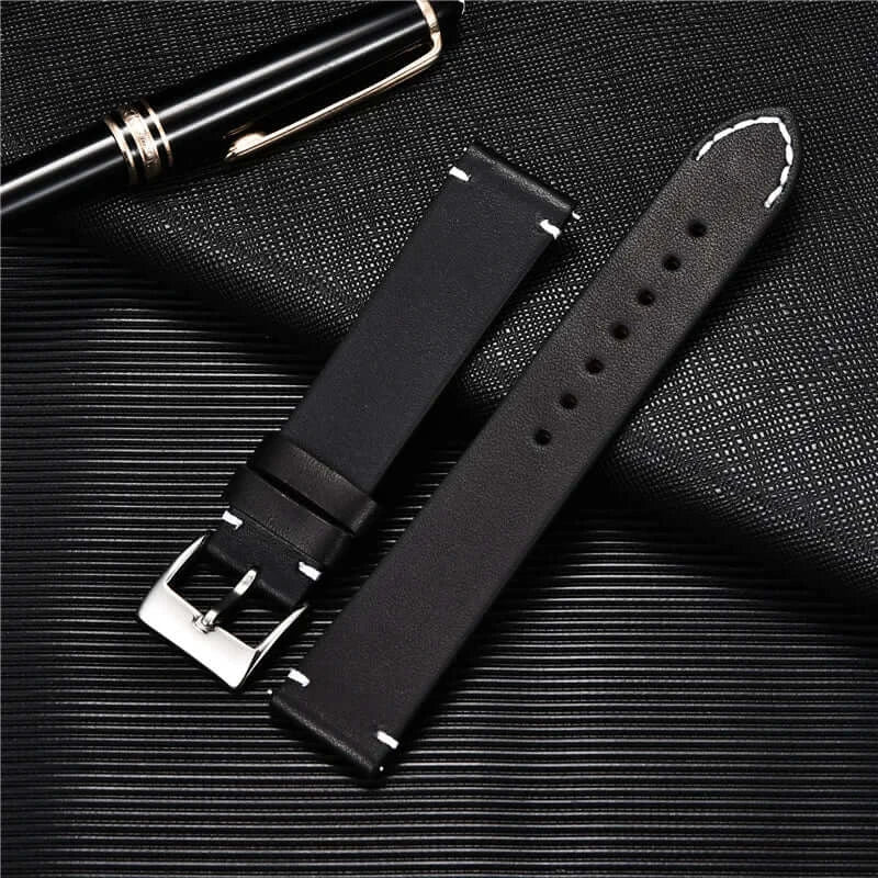 Minimal Leather Band with Accent Stitches in Black for compatible Huawei watches