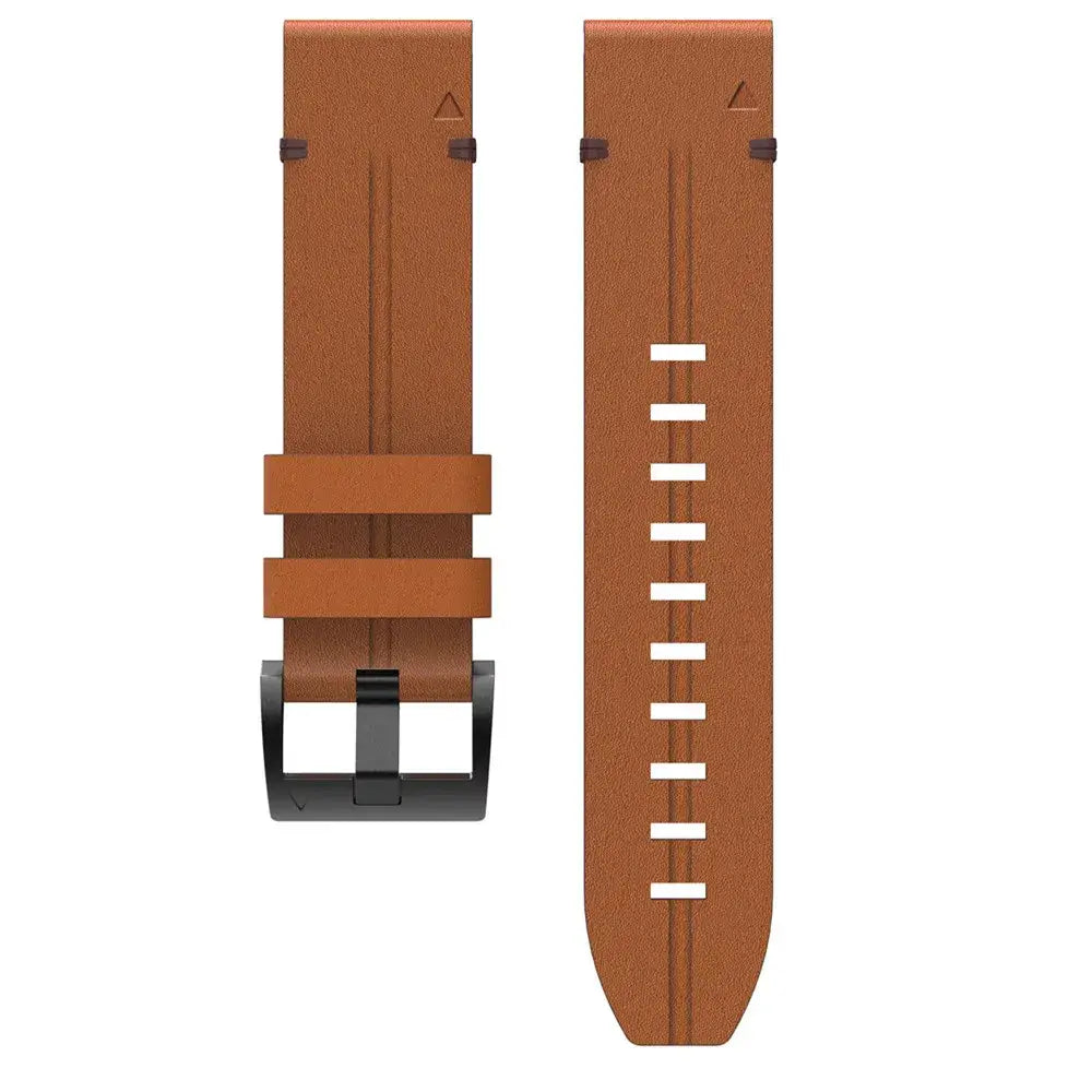 Garmin QuickFit Leather Band with Double Keepers brown strap laid flat showing adjustment holes