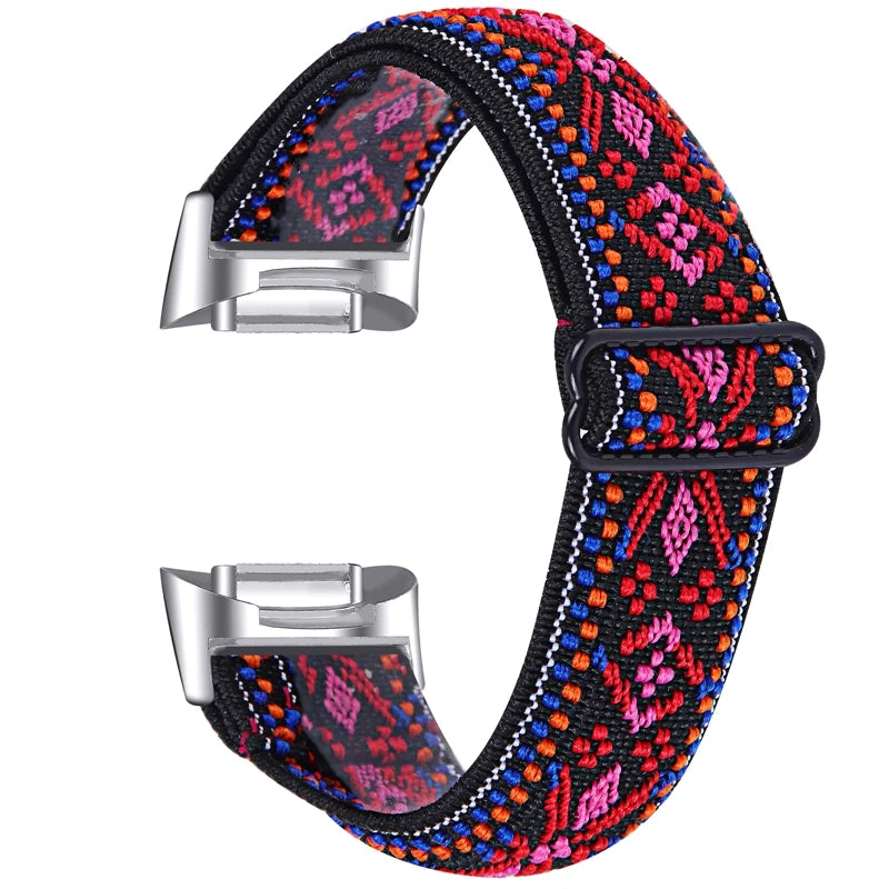Fitbit Charge 5/6 Adjustable Stretch Nylon Band - Pink / Red Geometric