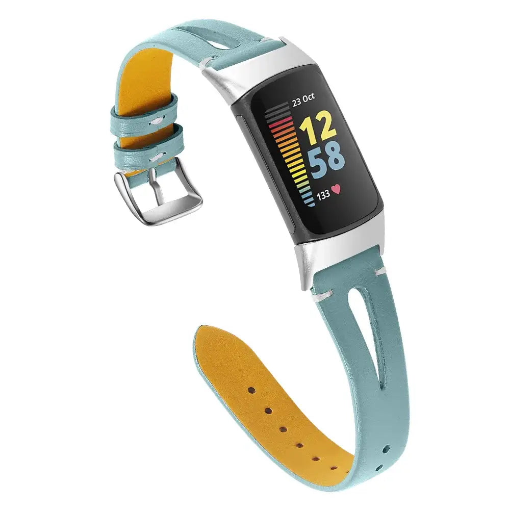 Fitbit Charge 5/6 Slim Cutout Leather Band - Blue-green band shown on tracker