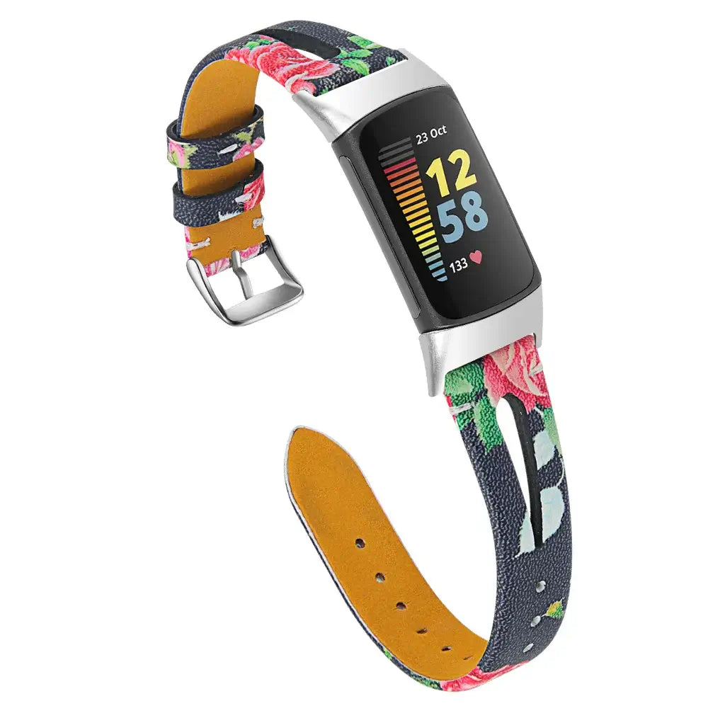 Fitbit Charge 5/6 Slim Cutout Leather Band - Black / Red Floral
