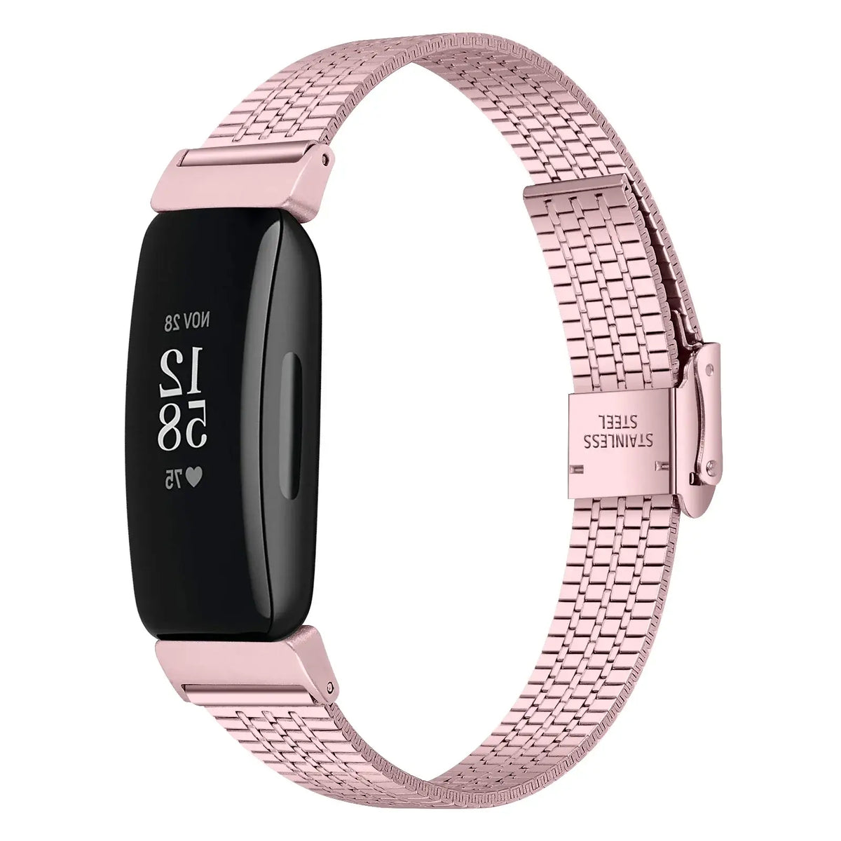 Fitbit Inspire 1/2/HR Fine-Link Steel Clasp Band - Rose pink bracelet front view