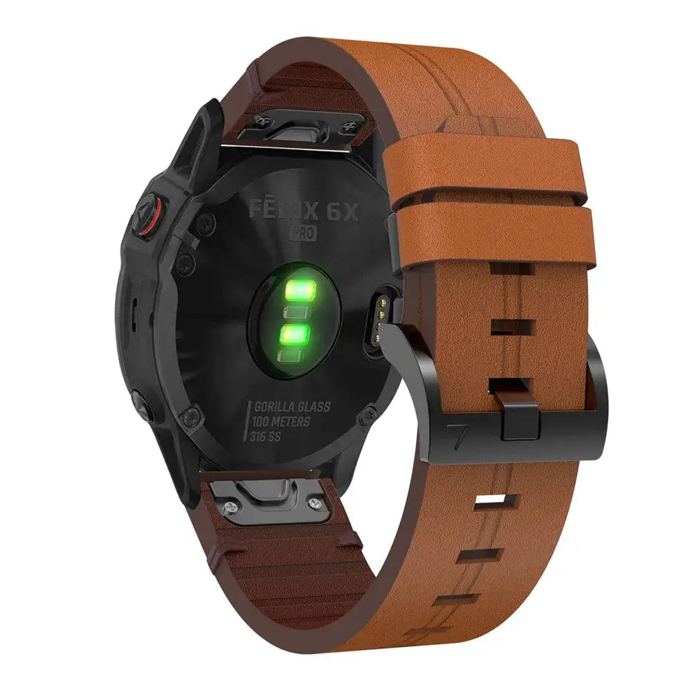 Garmin QuickFit Leather Band with Double Keepers in Brown showing the underside of a watch