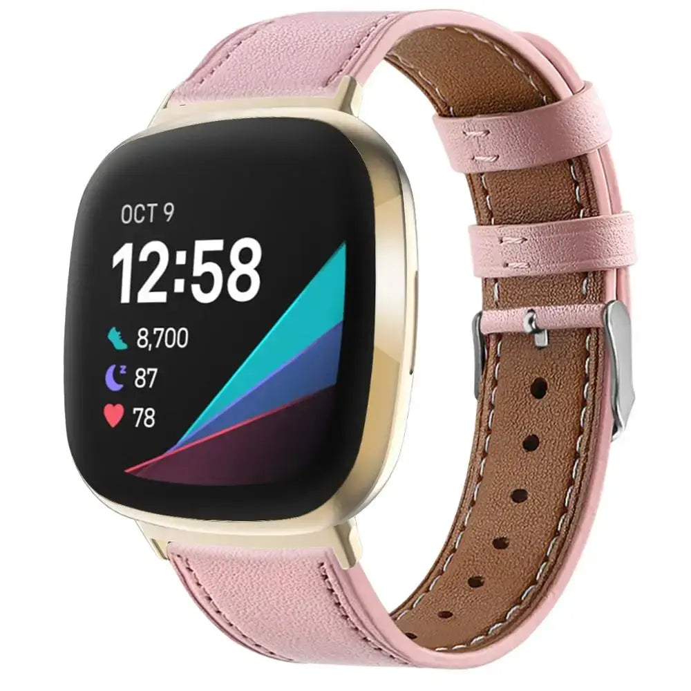 Fitbit Versa 3/4 & Sense 1/2 Classic Leather Strap - Pink band on watch