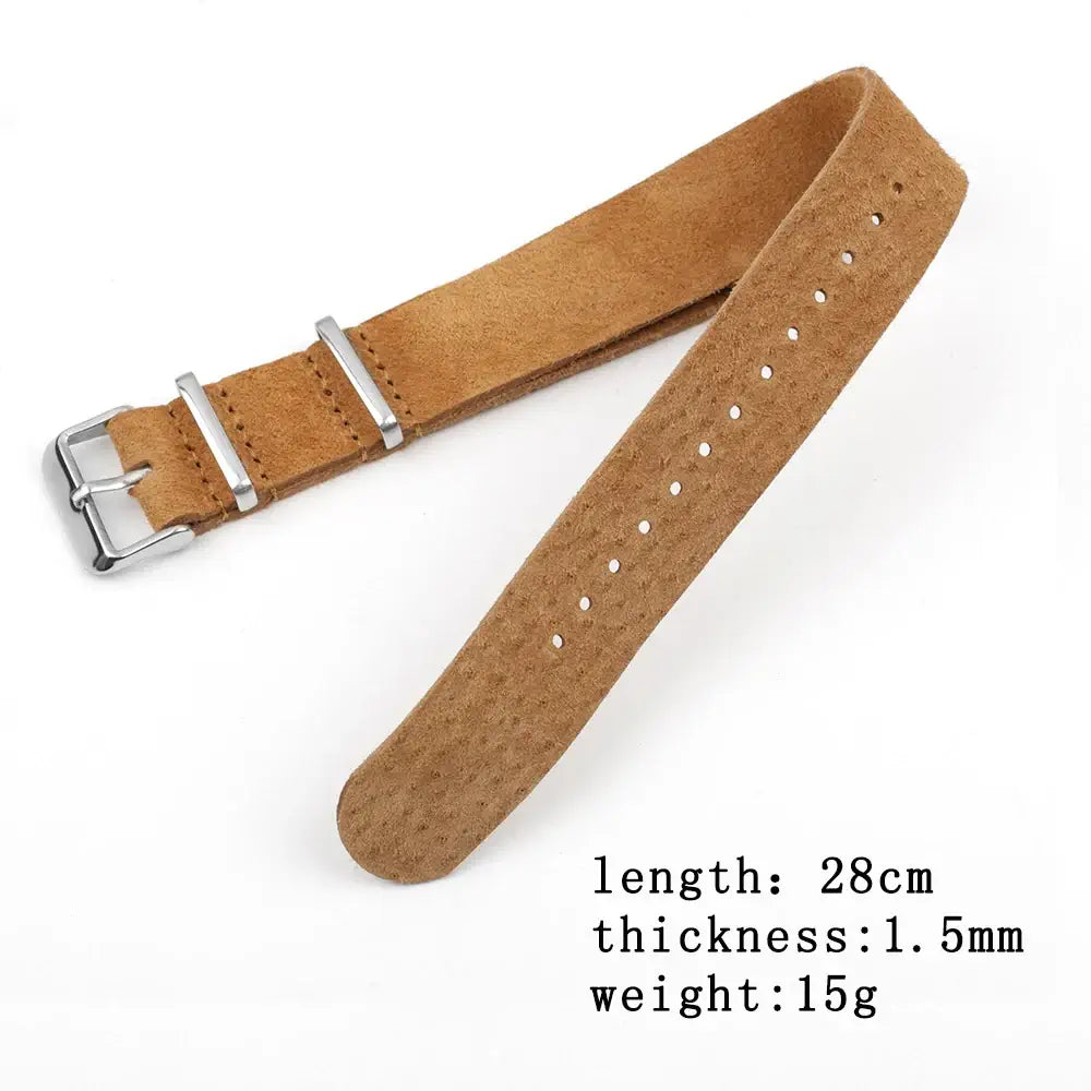 Brown suede strap laid flat with supplier dimensions
