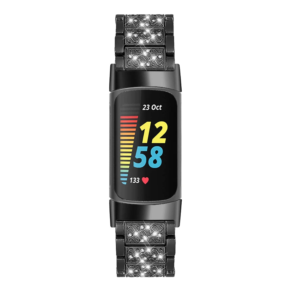 Fitbit Charge Rhinestone Panel Bracelet Band - Black bracelet rectangular rhinestone panels