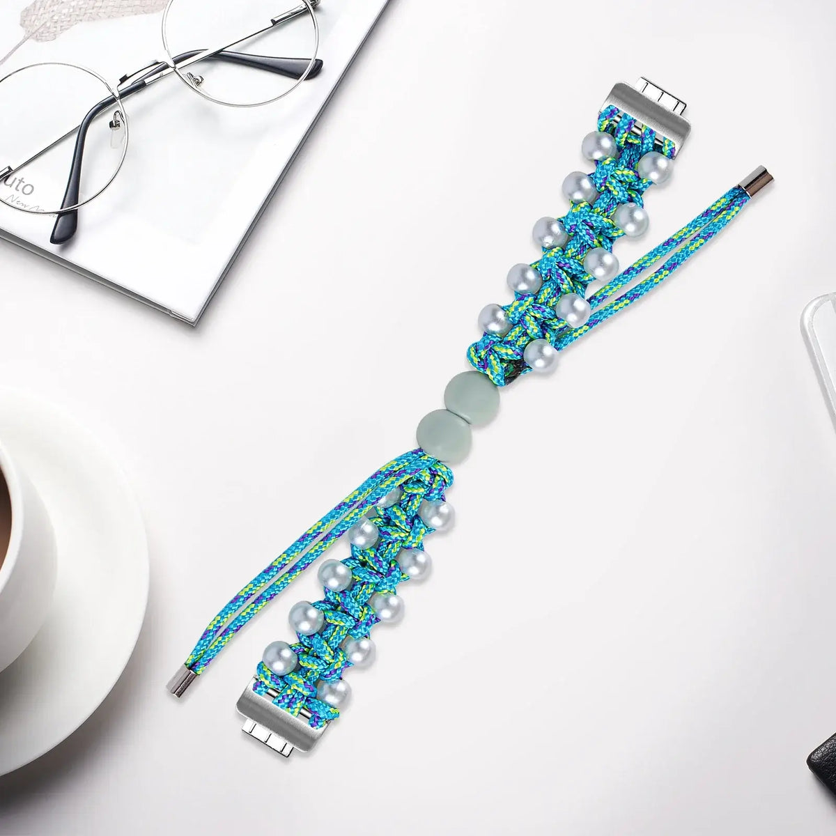 Fitbit Inspire Braided Cord & Pearl-Style Bead Band - Blue and green strap laid flat