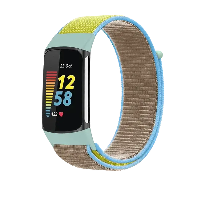 Fitbit Charge 5 & 6 Nylon Hook-and-Loop Band beige nylon loop with blue edging and yellow tab