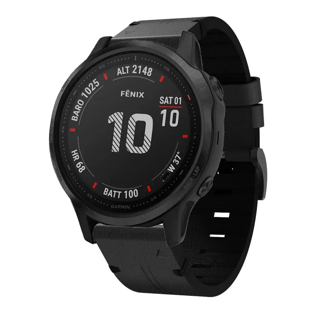 Garmin QuickFit Leather Band with Double Keepers in Black shown on a watch