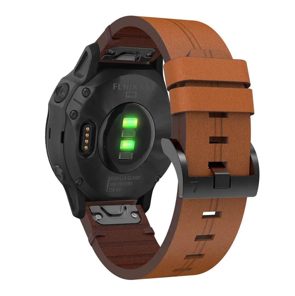 Garmin QuickFit Leather Band with Double Keepers in Brown shown on a watch