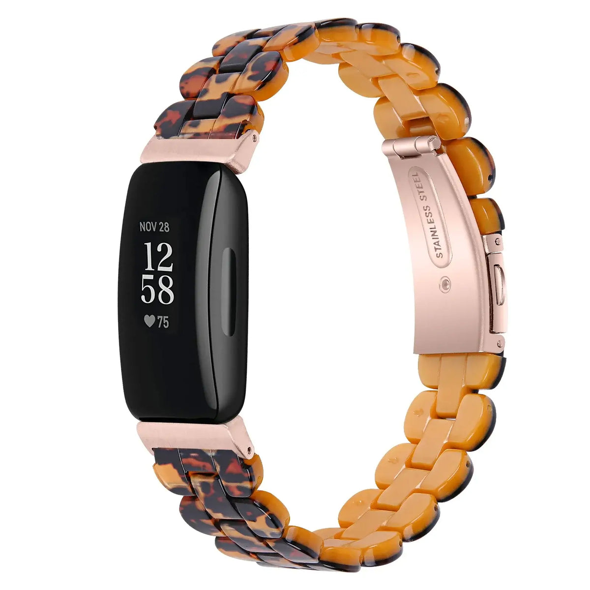 Fitbit Inspire Marbled & Tortoiseshell Resin Band - Amber tortoiseshell bracelet on tracker