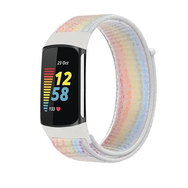 Fitbit Charge 5 & 6 Nylon Hook-and-Loop Band in Pastel Rainbow