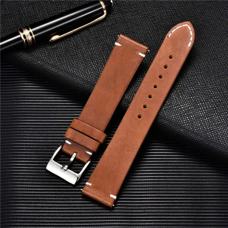 Brown leather strap with accent stitches for compatible Huawei watches