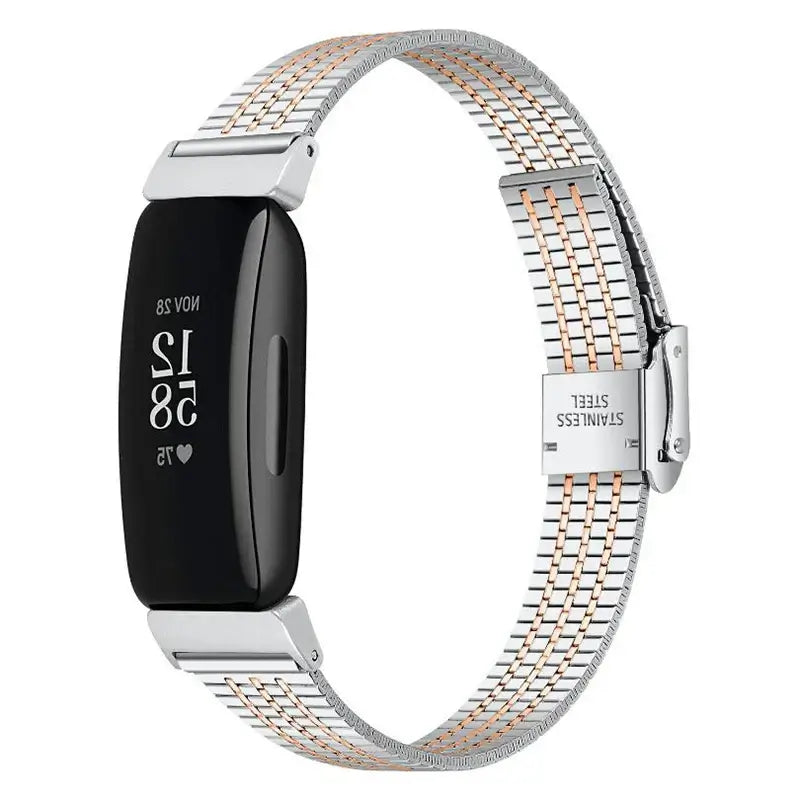 Fitbit Inspire 1/2/HR Fine-Link Steel Clasp Band - Silver / Rose Gold Stripes