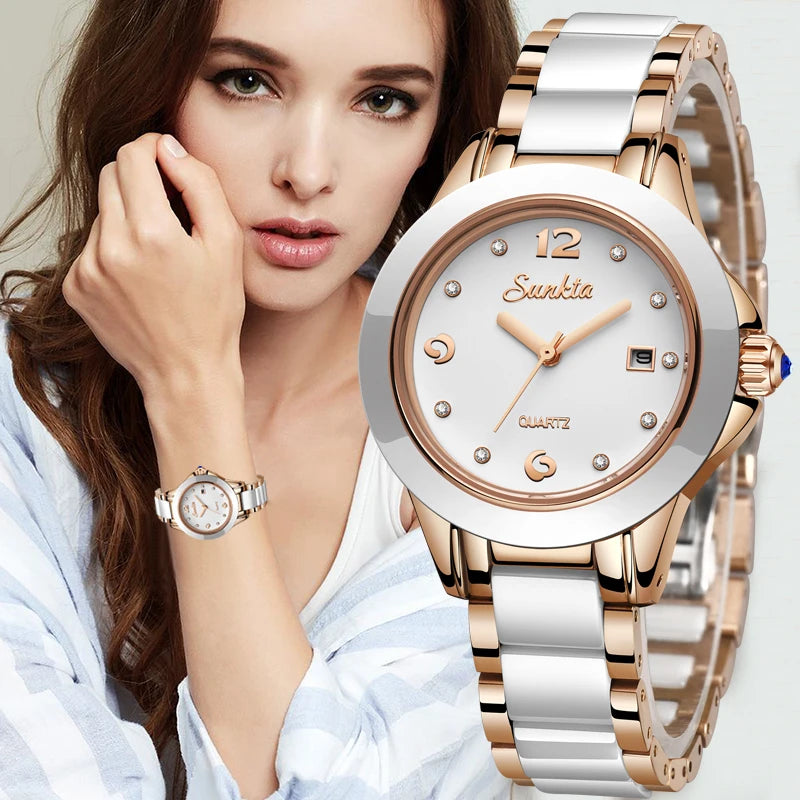 Women's Ceramic and Stainless Steel Date Watch — White ceramic watch styling