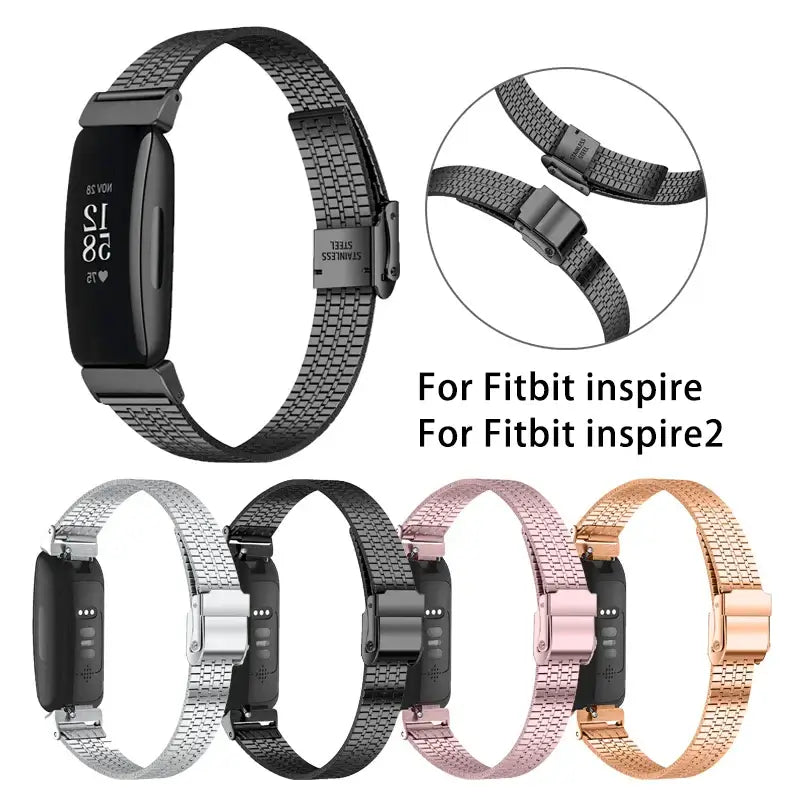 Fitbit Inspire 1/2/HR Fine-Link Steel Clasp Band - Fine-link finish options and clasp detail
