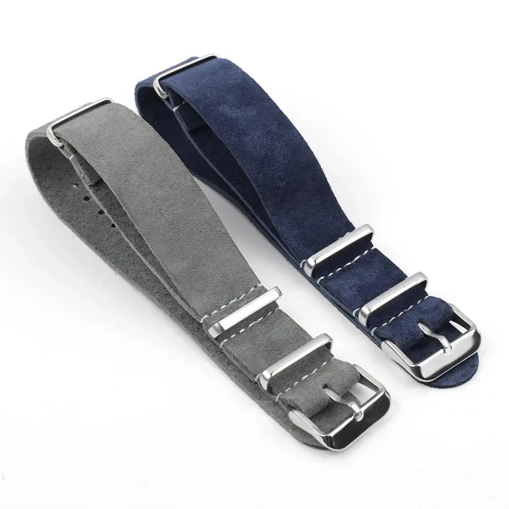 Gray and navy blue suede straps