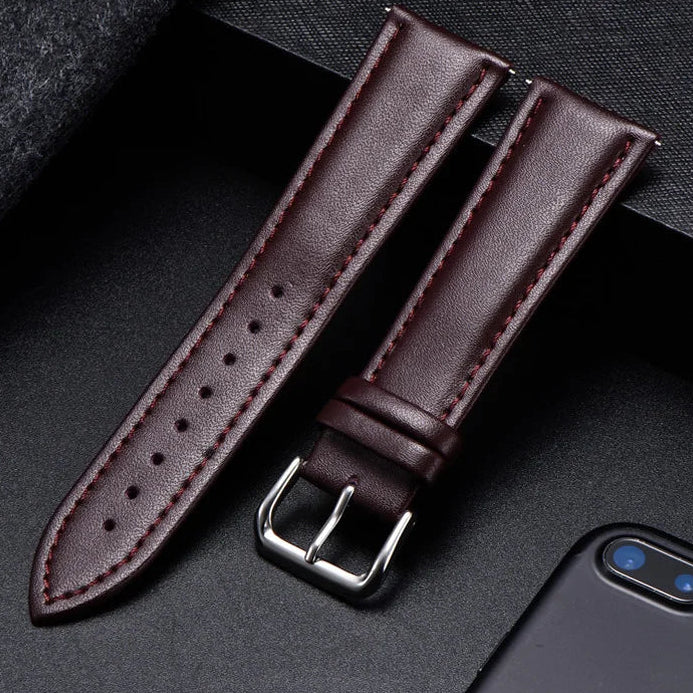 COROS Calfskin Leather Watch Band with Silver Buckle - Dark Brown / Brown Stitching