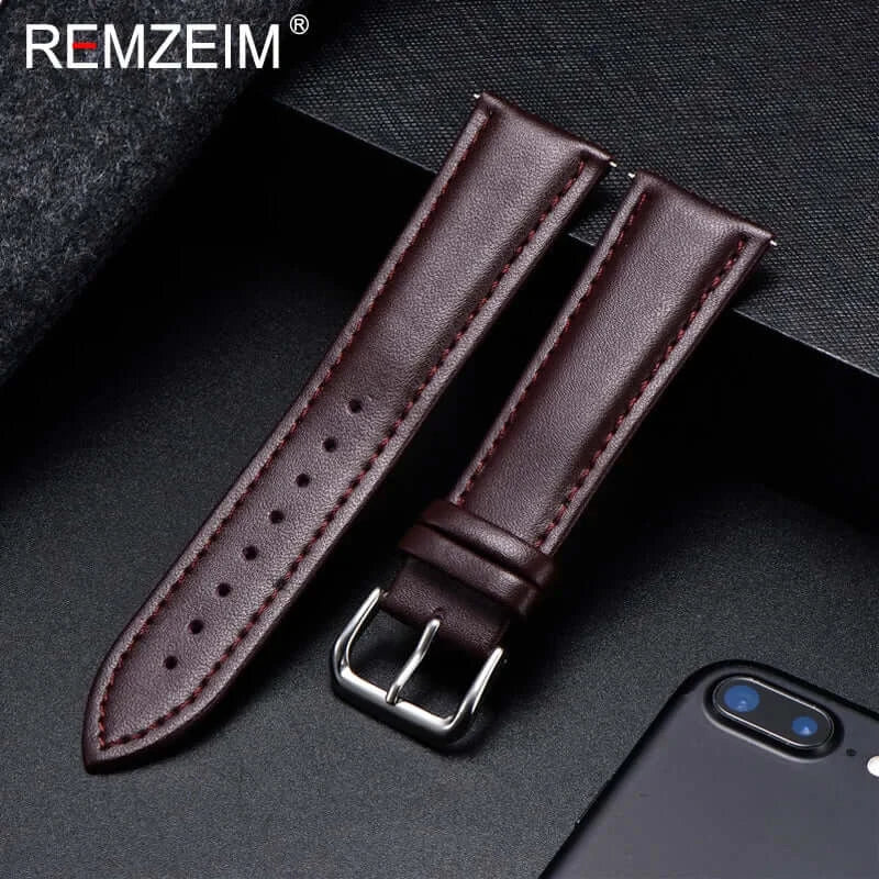 Amazfit Calfskin Leather Watch Band with Silver Buckle - Dark Brown / Brown Stitching