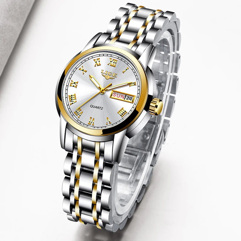 Women's Roman Numeral Day-Date Bracelet Watch — Bracelet and clasp profile